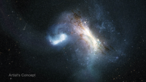 Artist's concept of a dwarf galaxy merging with the young Milky Way about 12 billion years ago