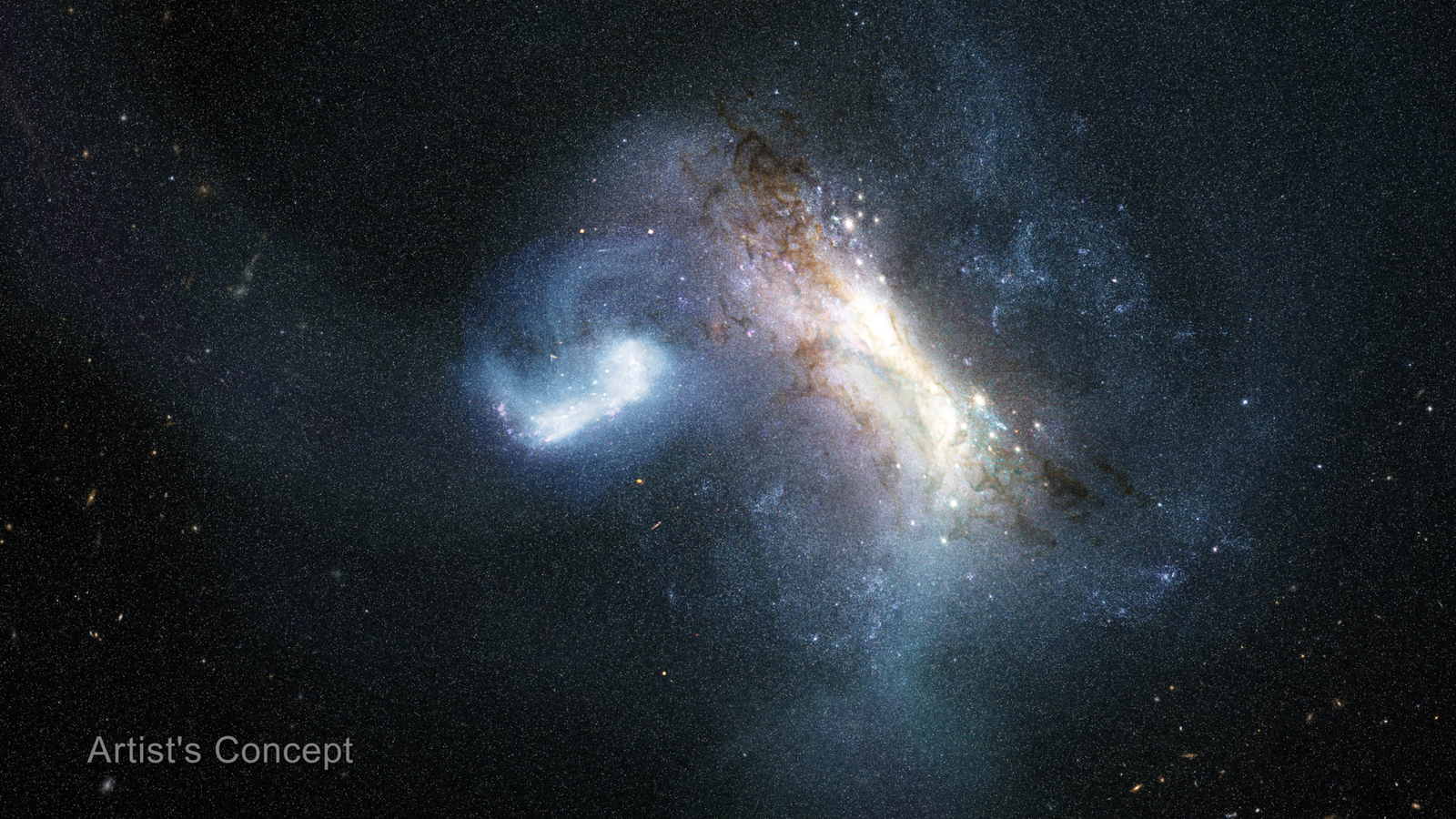 Artist's concept of a dwarf galaxy merging with the young Milky Way about 12 billion years ago