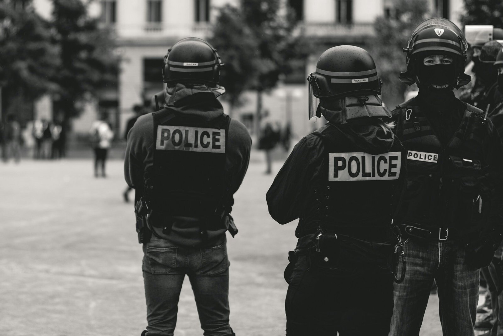 Police officers in protective equipment during a public safety operation