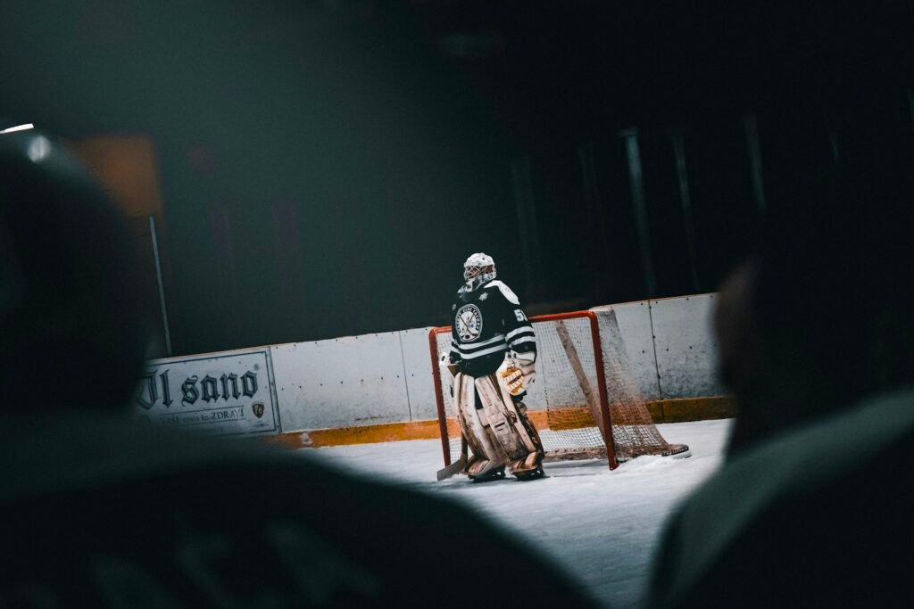 Hockey goalie standing near the net on ice