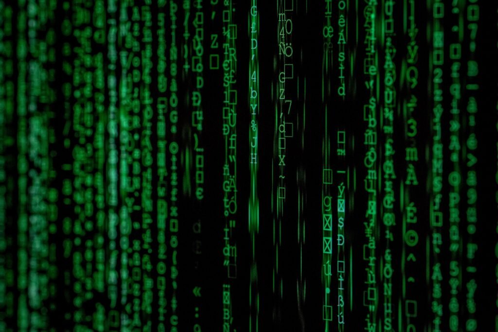 Abstract digital code representing technology and legal disputes