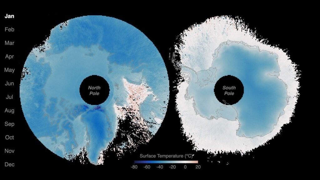 NASA PREFIRE satellite data showing seasonal temperature changes across Earth's polar regions