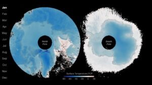 NASA PREFIRE satellite data showing seasonal temperature changes across Earth's polar regions