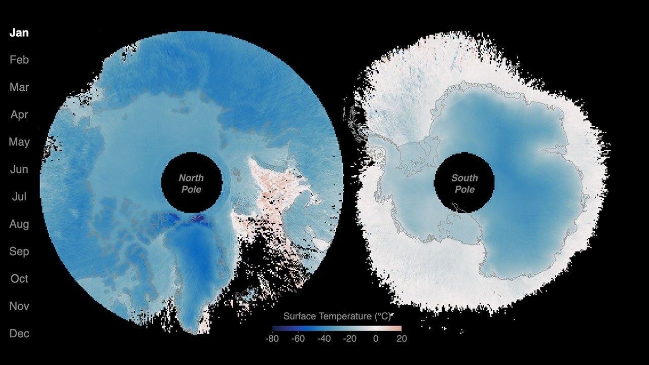 NASA PREFIRE satellite data showing seasonal temperature changes across Earth's polar regions
