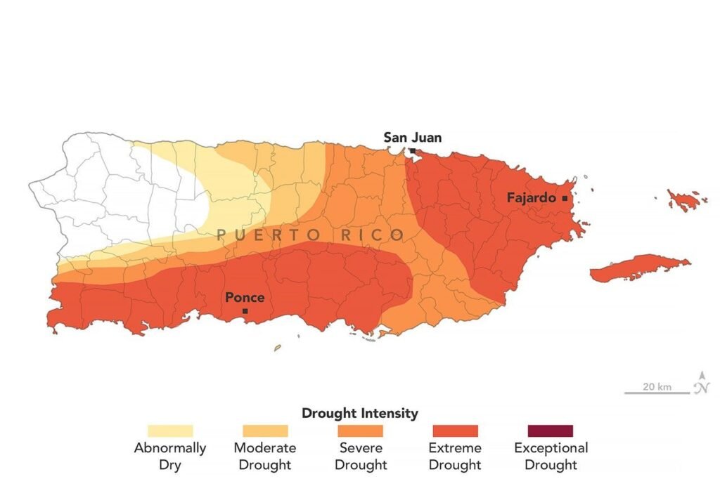 NASA satellite map showing drought conditions across Puerto Rico in August 2026